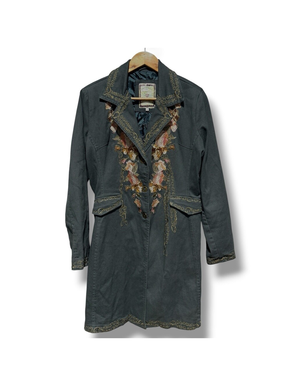 Vintage Paparazzi by BIZ Teal Embroidered Butterfly Floral Coat Womens L